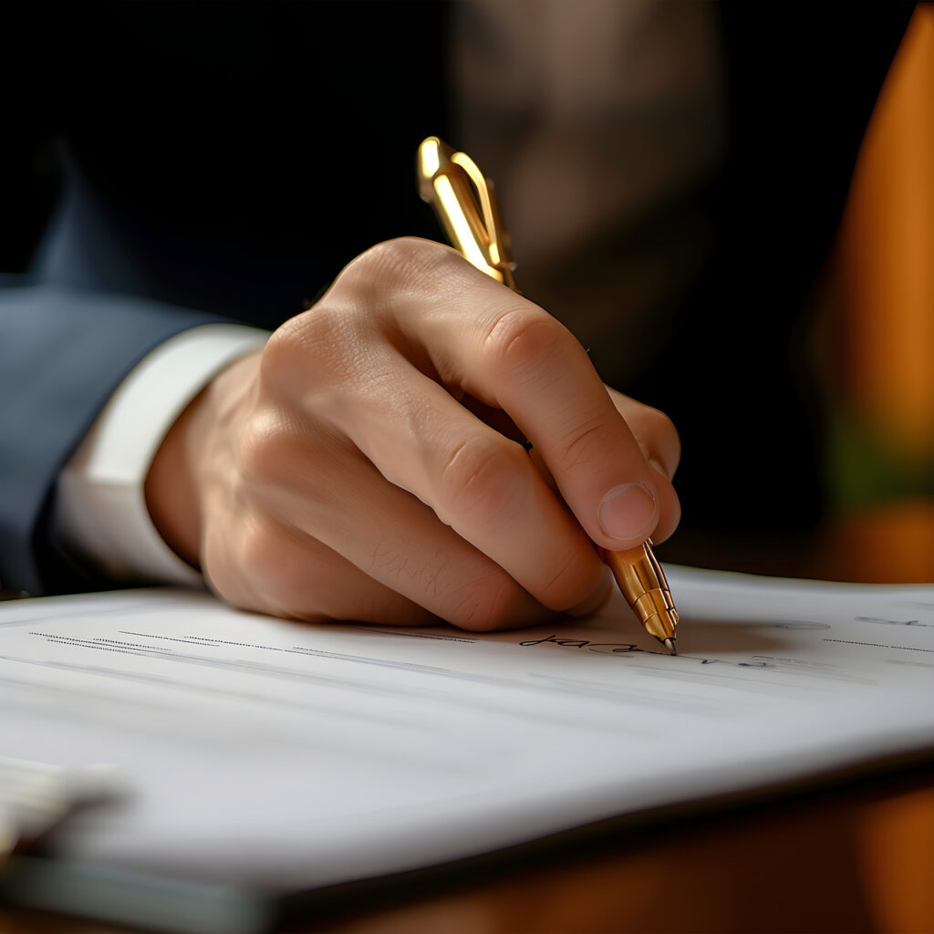 Person unterschreibt ein Dokument mit goldenem Stift.