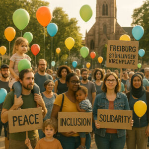 Menschen mit Schildern für Frieden, Inklusion und Solidarität